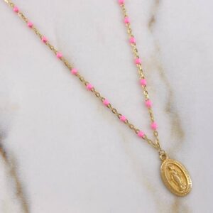 Cadena Aro Seguido Virgen Milagrosa 2.75gr / 50cm / 1mm Bolas Rosadas Oro Amarillo +3 18K & Cadena Aro Seguido Virgen Milagrosa 2.75gr / 50cm / 1mm Bolas Rosadas Oro Amarillo +3 18K &