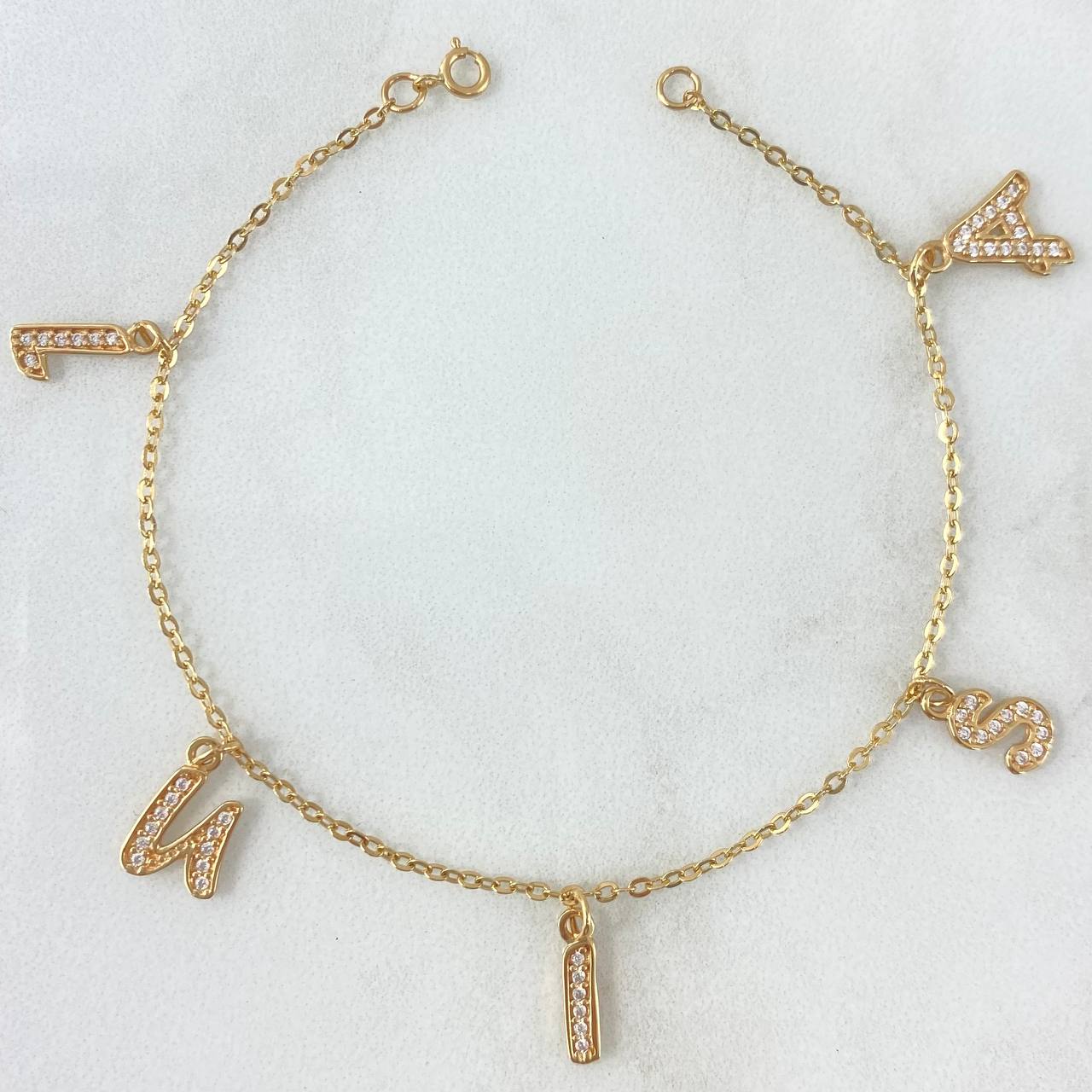 Pulso Aro Seguido Letras 2.95gr / 18cm / 1.5mm «L-U-I-S-A» Circones Blancos Oro Amarillo 18K ©