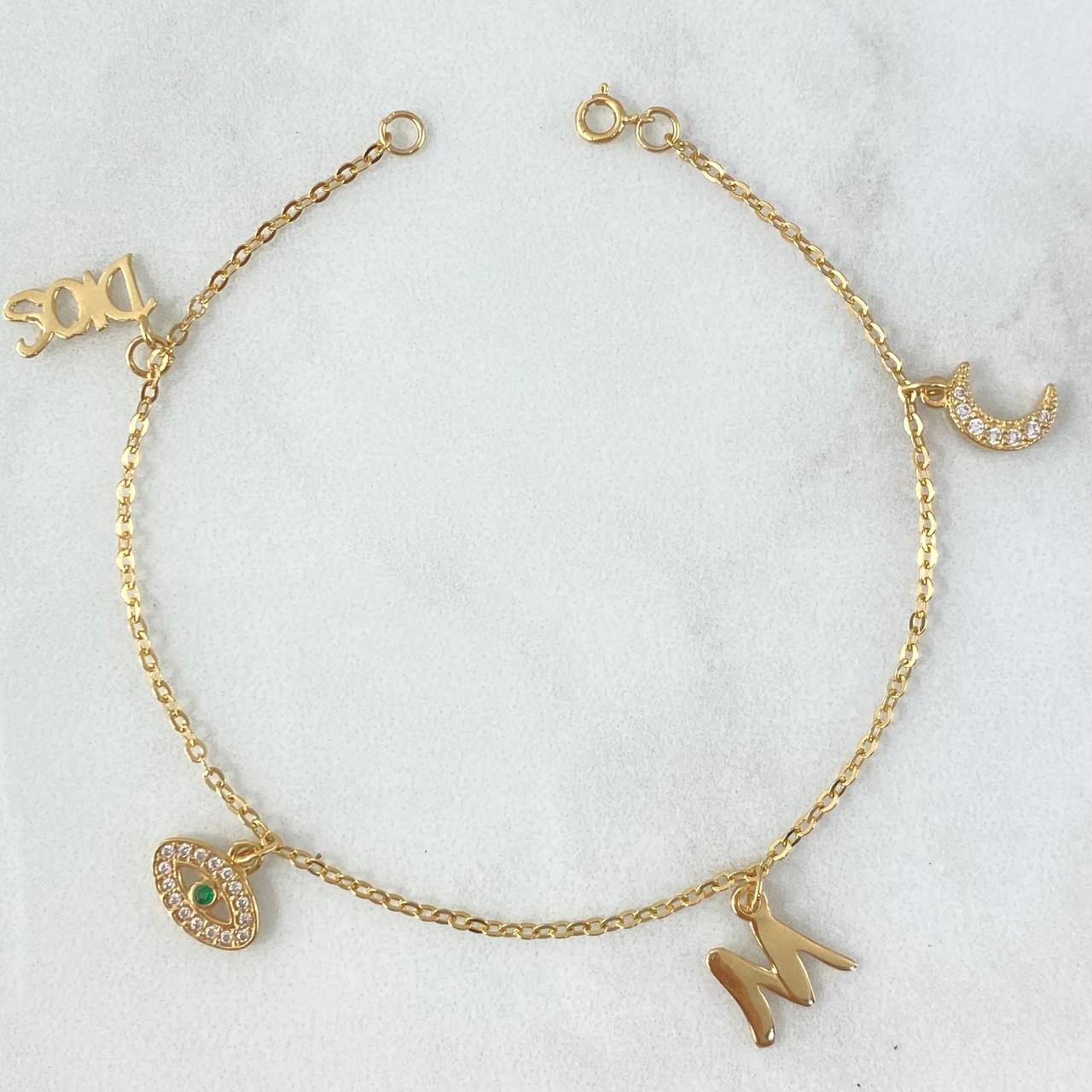 Pulso Aro Seguido 2.55gr / 18cm / 1.5mm «Luna-Letra M-Ojo Turco-Dios» Circones Blancos Verde Oro Amarillo 18K ©