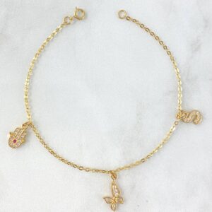 Pulso Aro Seguido 2.3gr / 18cm / «Mano Hamsa – Mariposa – Letra S» Oro Amarillo Nac.Esp. 18K ©