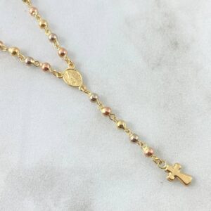 Rosario Virgen Milagrosa 7.4gr / 45cm / 4mm-3mm Bolas Lisas Cilindro Diamantado Cruz Troquelada Tres Oros 18K