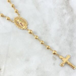 Rosario Virgen De Guadalupe 29.55gr / 65cm / 6mm- 7mm Bolas Diamantadas – Cruz Cristo Circones Colores Oro Amarillo 18K ©