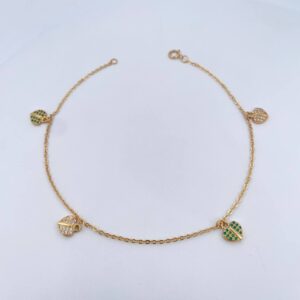 Tobillera Aro Seguido Dijes 4gr / 25.2cm / 1mm Corazones Circones Blancos Verdes Oro Amarillo 18K $ Tobillera Aro Seguido Dijes 4gr / 25.2cm / 1mm Corazones Circones Blancos Verdes Oro Amarillo 18K $