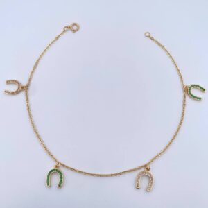 Tobillera Aro Seguido 4.3gr / 25.2cm / Dijes Herradura Circones Blancos Verdes Oro Amarillo 18K & Tobillera Aro Seguido 4.3gr / 25.2cm / Dijes Herradura Circones Blancos Verdes Oro Amarillo 18K &