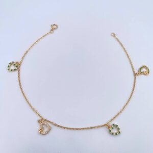 Tobillera Aro Seguido 4.15gr / 25cm / Dijes Corazon Circones Blancos Verdes Oro Amarillo 18K & Tobillera Aro Seguido 4.15gr / 25cm / Dijes Corazon Circones Blancos Verdes Oro Amarillo 18K &