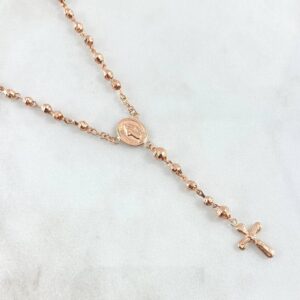 Rosario Virgen Milagrosa 8.05gr / 55cm / 3mm-4mm Bolas Diamantadas Crúz Cristo Bordeada Oro Rosa 18K
