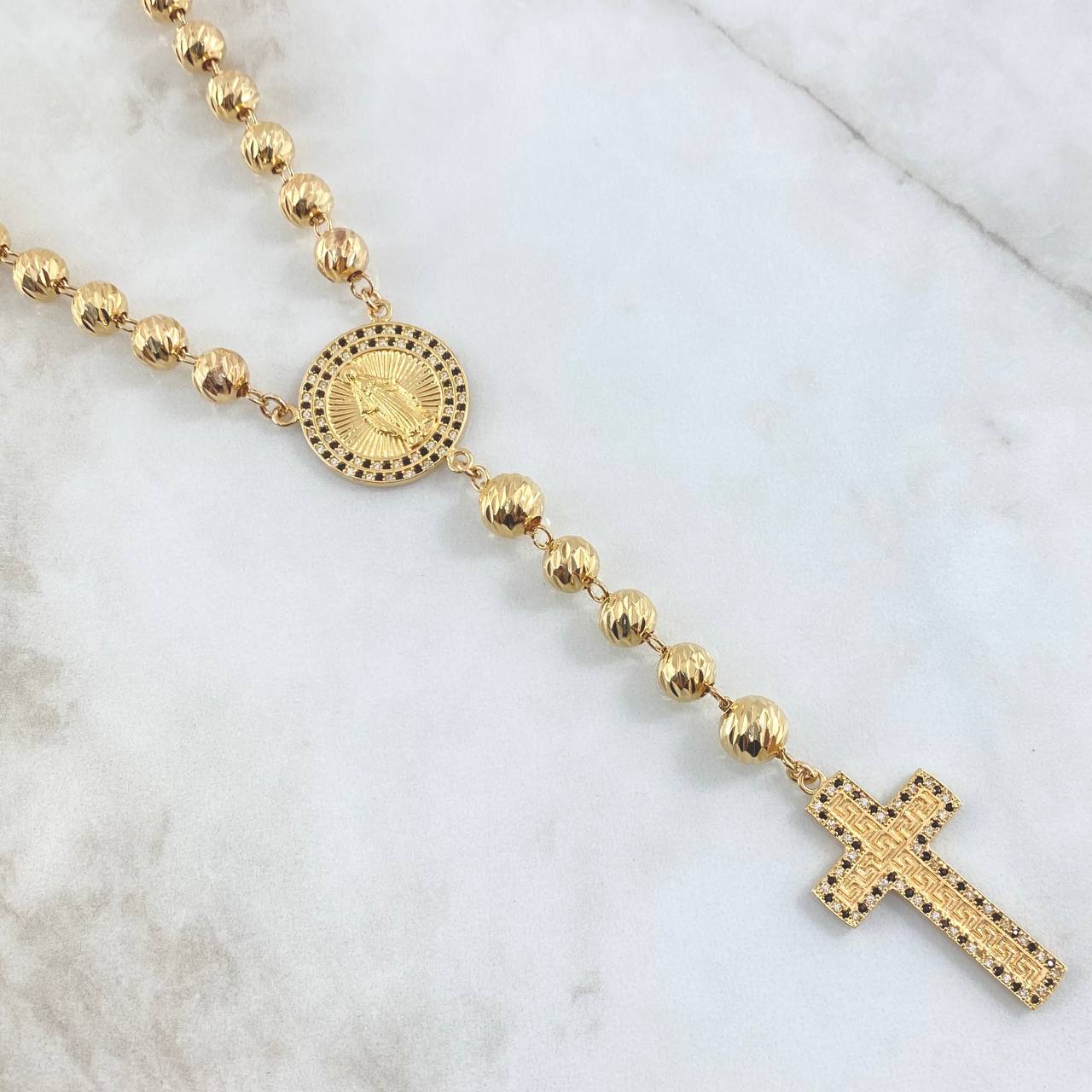 Rosario Virgen Milagrosa 41.41gr / 60cm / 7mm-8mm Cruz Tribal Circones Blancos Y Negros Diamantada Oro Amarillo 18K ©