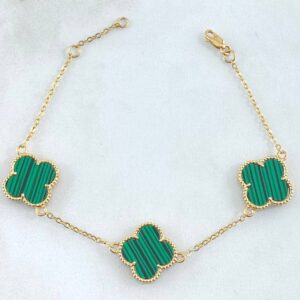 Pulso Aro Seguido Trébol VCyA Gradual 5.6gr / 16.5cm-18cm / 1.5mm Malaquita Verde Punteado 3und Oro Amarillo Nac.Esp. 18K *
