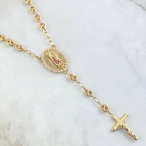 Rosario GC Virgen De Guadalupe 17.1gr / 58cm / 5mm Cruz Cristo Liso Bolas Diamantadas Oro Amarillo 18K