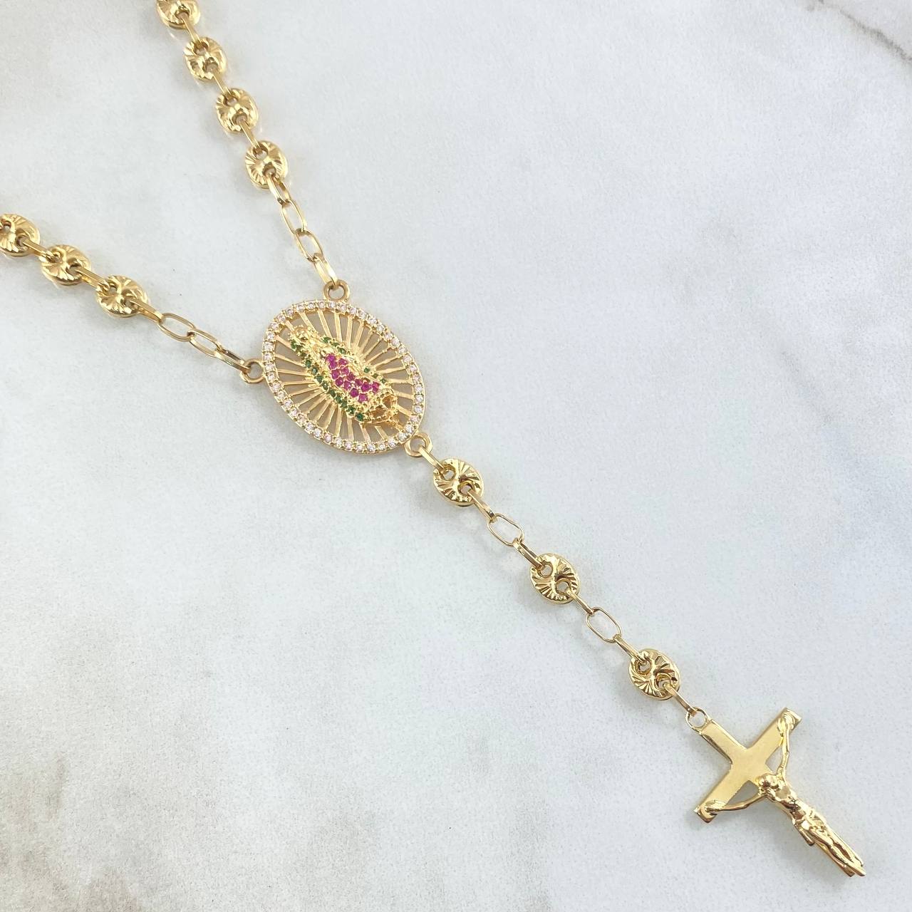 Rosario GC Virgen De Guadalupe 17.1gr / 58cm / 5mm Cruz Cristo Liso Bolas Diamantadas Oro Amarillo 18K