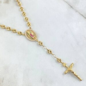 Rosario GC Virgen De Guadalupe 16.35gr / 55cm / 5mm Cruz Cristo Madera Bolas Diamantadas Oro Amarillo 18K ©