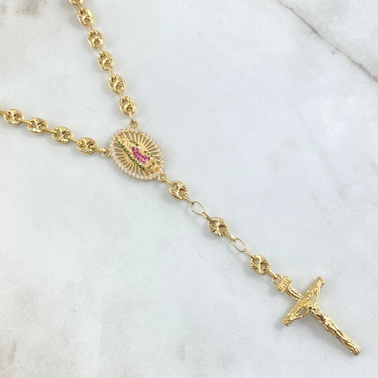 Rosario GC Virgen De Guadalupe 16.35gr / 55cm / 5mm Cruz Cristo Madera Bolas Diamantadas Oro Amarillo 18K ©