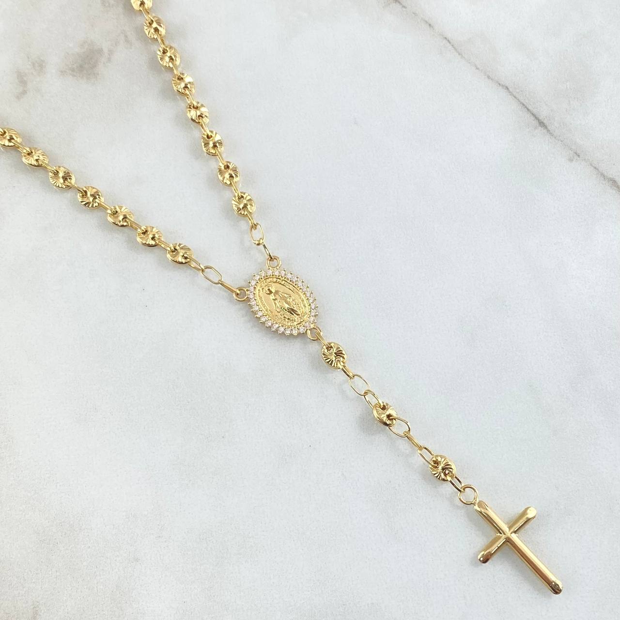Rosario GC Virgen Milagrosa 11.1gr / 50cm / 4mm-5mmmm Cruz Lisa Puntas Planas Bolas Diamantadas Oro Amarillo 18K ©