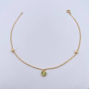 Tobillera Aro Seguido Corazon 2.15gr / 25.6cm / 4mm Bolas Diamantadas Circones Verdes Oro Amarillo 18K & Tobillera Aro Seguido Corazon 2.15gr / 25.6cm / 4mm Bolas Diamantadas Circones Verdes Oro Amarillo 18K &