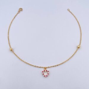 Tobillera Aro Seguido Silueta Corazon 2.1gr / 25.4cm / 4mm Bolas Diamantadas Circones Fucsias Blancos Oro Amarillo 18K & Tobillera Aro Seguido Silueta Corazon 2.1gr / 25.4cm / 4mm Bolas Diamantadas Circones Fucsias Blancos Oro Amarillo 18K &