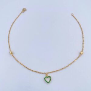 Tobillera Aro Seguido Silueta Corazon 2.05gr / 25.1cm / 4mm Bolas Diamantadas Circones Verdes Oro Amarillo 18K & Tobillera Aro Seguido Silueta Corazon 2.05gr / 25.1cm / 4mm Bolas Diamantadas Circones Verdes Oro Amarillo 18K &