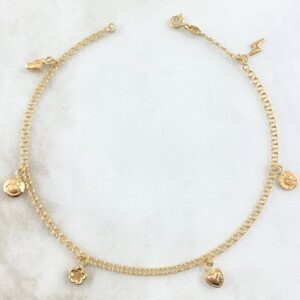 Tobillera Aro Seguido 3.55gr / 24.5cm / 2.2mm Pie-Cara Feliz-Flor-Corazón-Rostro Reina-Rayo Oro Amarillo 18K Tobillera Aro Seguido 3.55gr / 24.5cm / 2.2mm Pie-Cara Feliz-Flor-Corazón-Rostro Reina-Rayo Oro Amarillo 18K