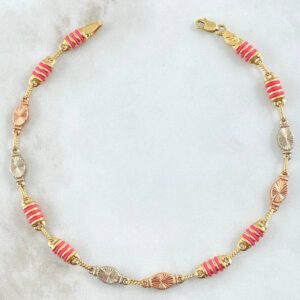 Tobillera Rustica 2×2 Ovaldo Diamantada 6.25gr / 25cm / Cauchos Fucsias Tres Oros 18K