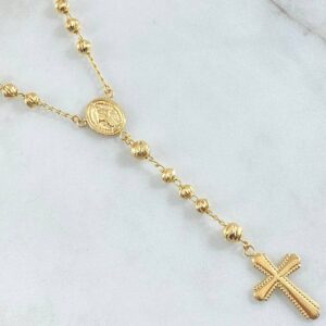 Rosario Virgen Milagrosa Cruz Bordeada 11.3gr / 50cm / 4mm-5mm Bola Diamantada Oro Amarillo 18K