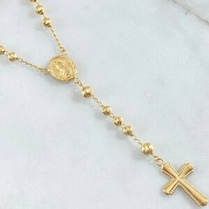 Rosario Virgen De Guadalupe Cruz Bordeada 11.7gr / 55cm / 4mm-5mm Bola Diamantada Oro Amarillo 18K