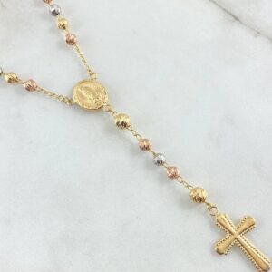 Rosario Virgen De Guadalupe Cruz Bordeada 11.2gr / 50cm / 4mm-5mm Bola Diamantada Tres Oros 18K