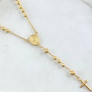 Rosario Virgen Milagrosa Cruz Bordeada 8.2gr / 50cm / 3mm-4mm Bola Diamantada Oro Amarillo 18K