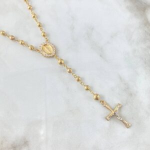 Rosario Virgen Milagrosa 22.1gr / 65cm / 6mm-5mm Bolas Diamantadas Cruz Cristo Circones Dos Oros Amarillo Blanco