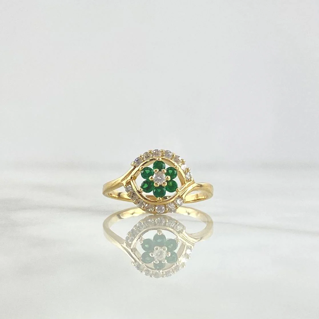 Anillo Flor En Aro 2.4gr / T6 / Circones Blancos Y Verdes Oro Amarillo